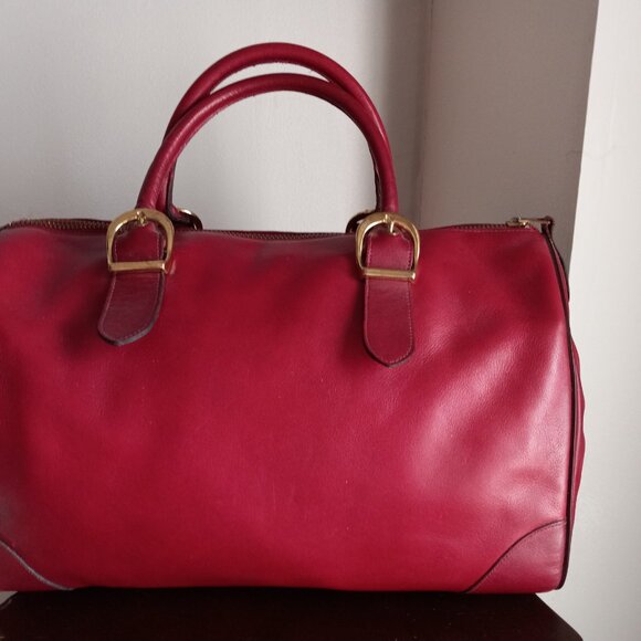 VINTAGE 80S 90S CROUCH & FITZGERALD BURGUNDY LEATHER BARREL PURSE BAG - Picture 2 of 9